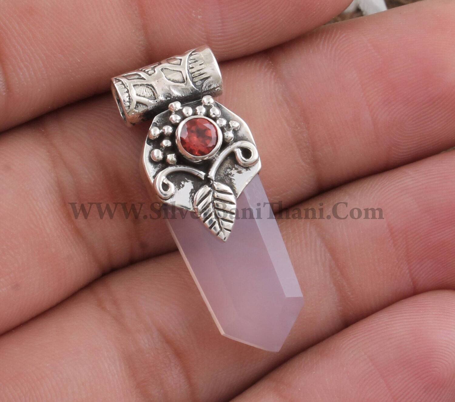 Rose Quartz & Red Garnet Gemstone Necklace Pendant | 925 Sterling Silver Designer Leaf Hand Carved Pendant | Boho Women Jewelry Gift For Her