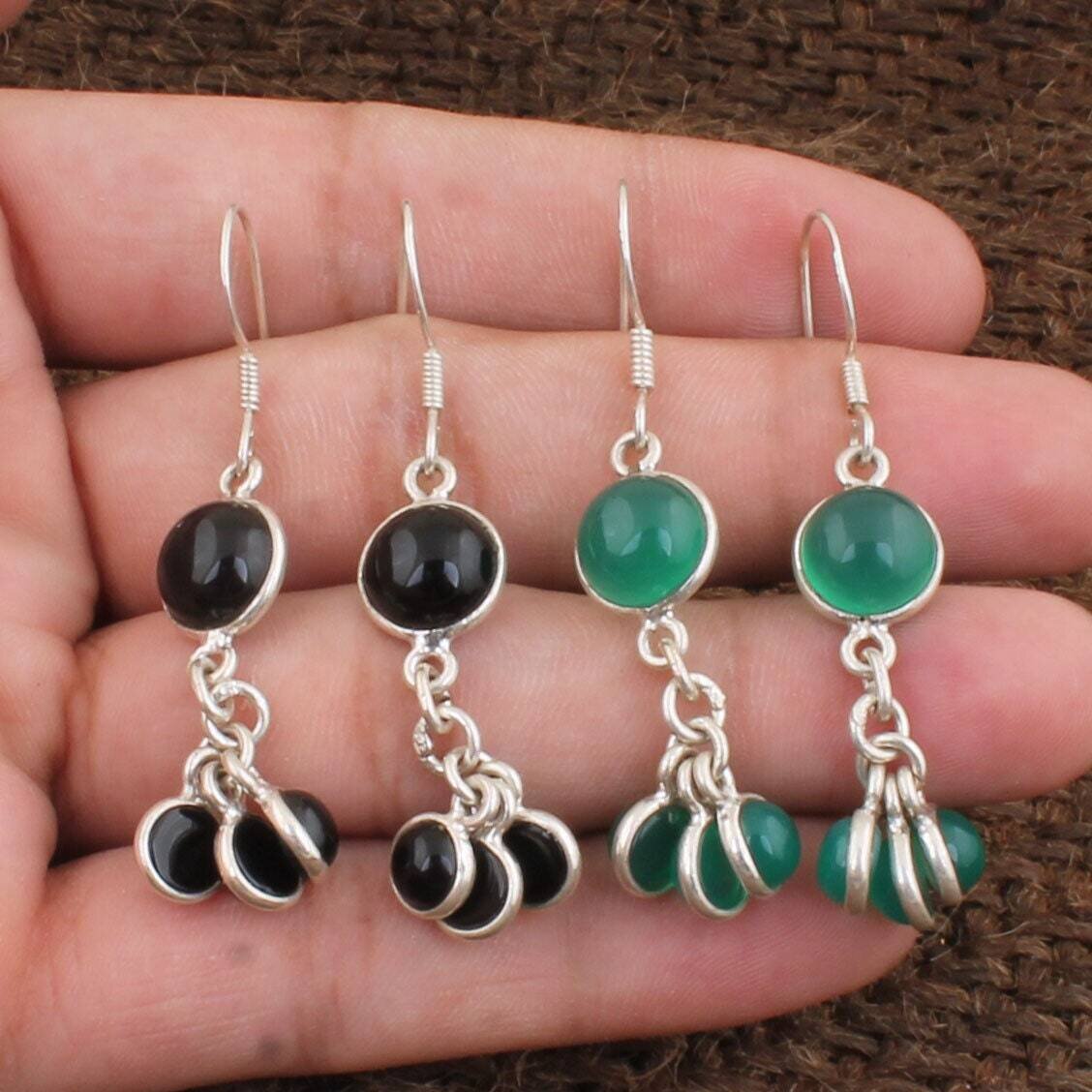 Onyx Earrings 925 Sterling Solid Silver Earrings Brazil Earrings,Four Stone Earring  Onyx Semi Precious Stone Earrings,Gift For Him