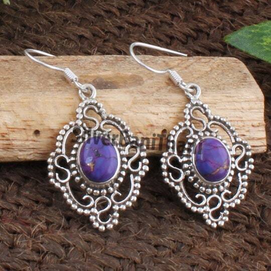 Composite Turquoise Earring-Purple Oval Cabochon Earring 925 Sterling Solid Silver Earring-Mohave Copper Turquoise Earring "S" Word Earring