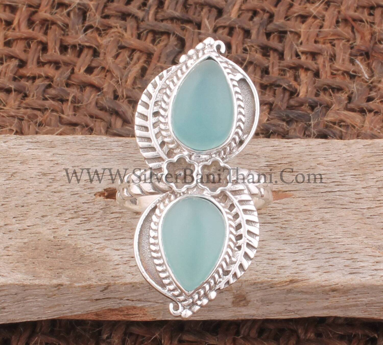 Aqua Blue Chalcedony Gemstone Silver Ring | 925 Sterling Silver Two Pear Shape Stone Ring | Carved Leaves Silver Ring | Wedding Jewelry Gift