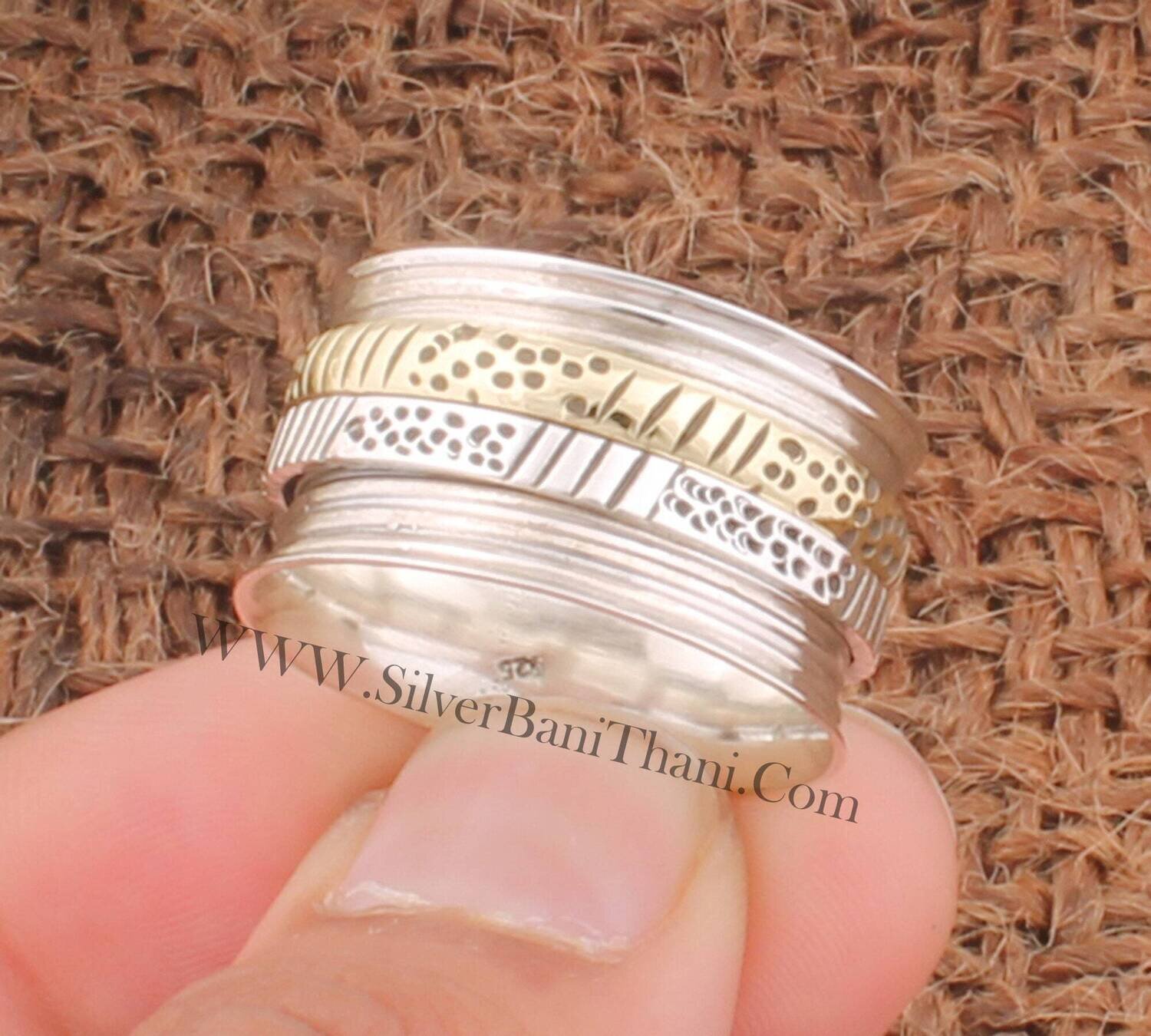 Multi Rustic Solid 925 Sterling Silver Textured Band Spinner Ring For Women Handmade Two Tone Fidget Anxiety Rings For Birthday Gifts 2022