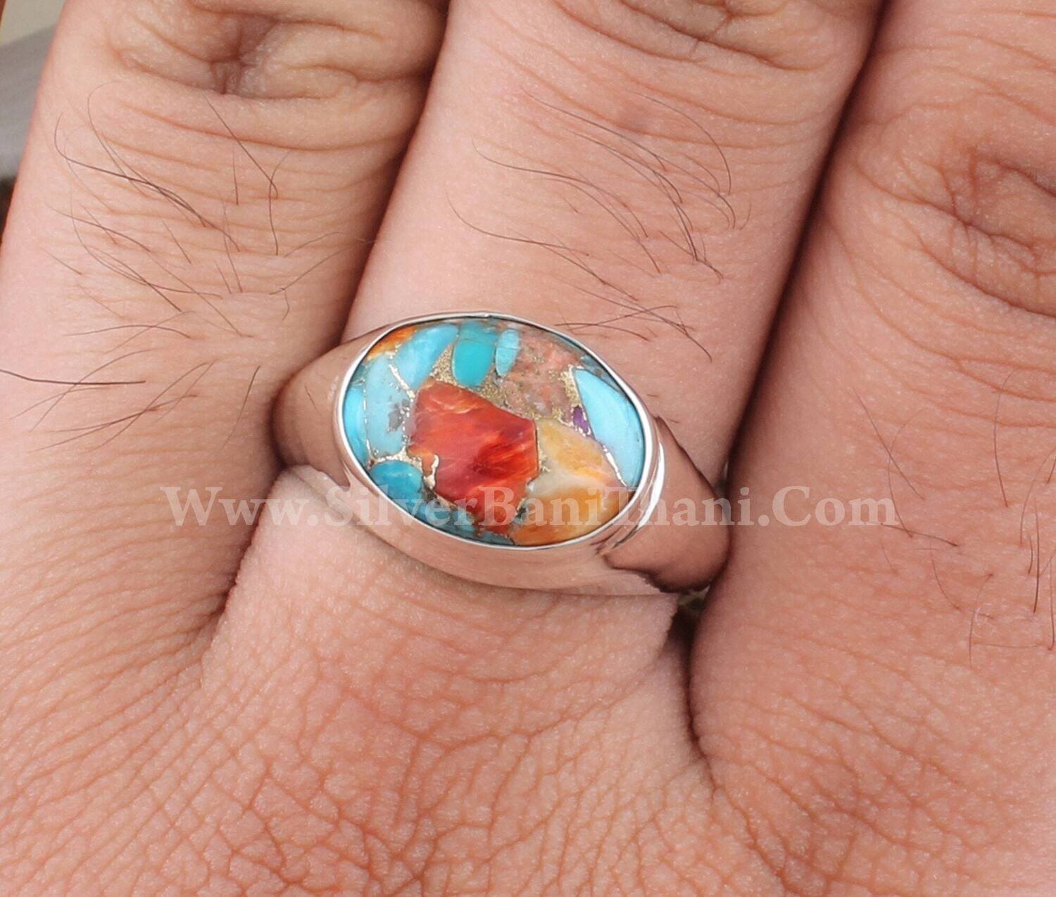 Oyster Copper Turquoise Solid 925 Sterling Silver Ring For Women | Handmade Simple Dome Solid Silver Oval Ring For Wedding Anniversary Gift