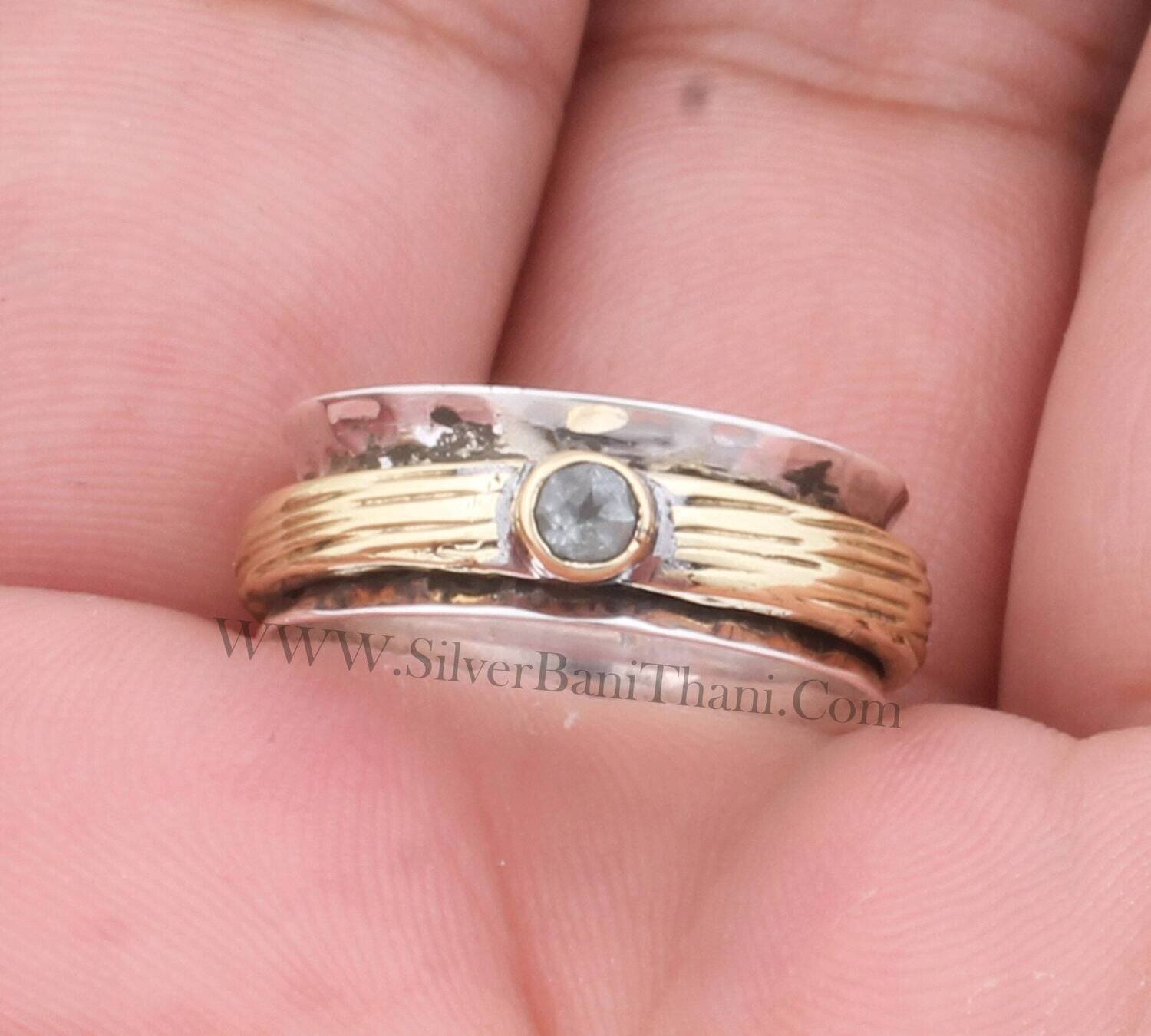 Blue Topaz Wide Hammered Silver Band Ring | Solid 925 Sterling Silver Spinner Ring For Women Handmade Anxiety Rings For Anniversary