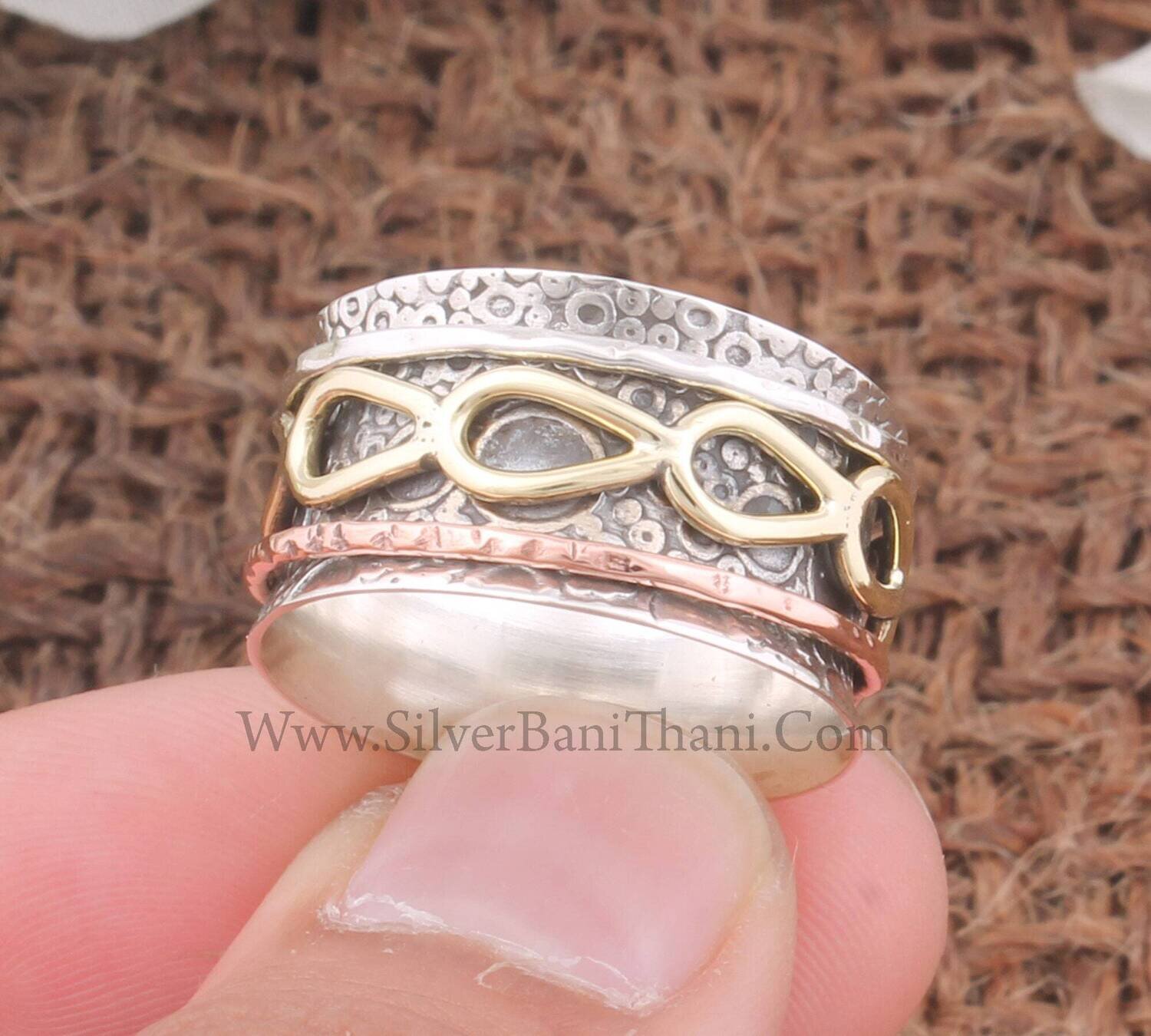 Designer Drop Three Tone Spinner Ring | 925 Sterling Silver &amp; Brass Spin Ring Handmade Antiqued Silver Meditation Ring Birthday Jewelry Gift