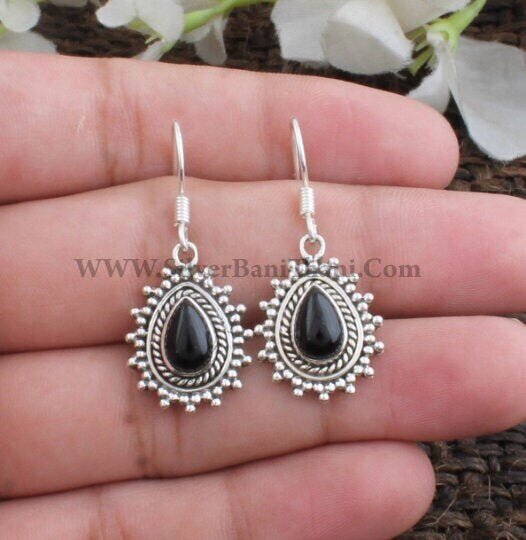 Black Onyx Gemstone Silver Earring | 925 Sterling Silver Pear Shape Stone Earrings | Designer Handmade Jewelry For Women | Gift idea
