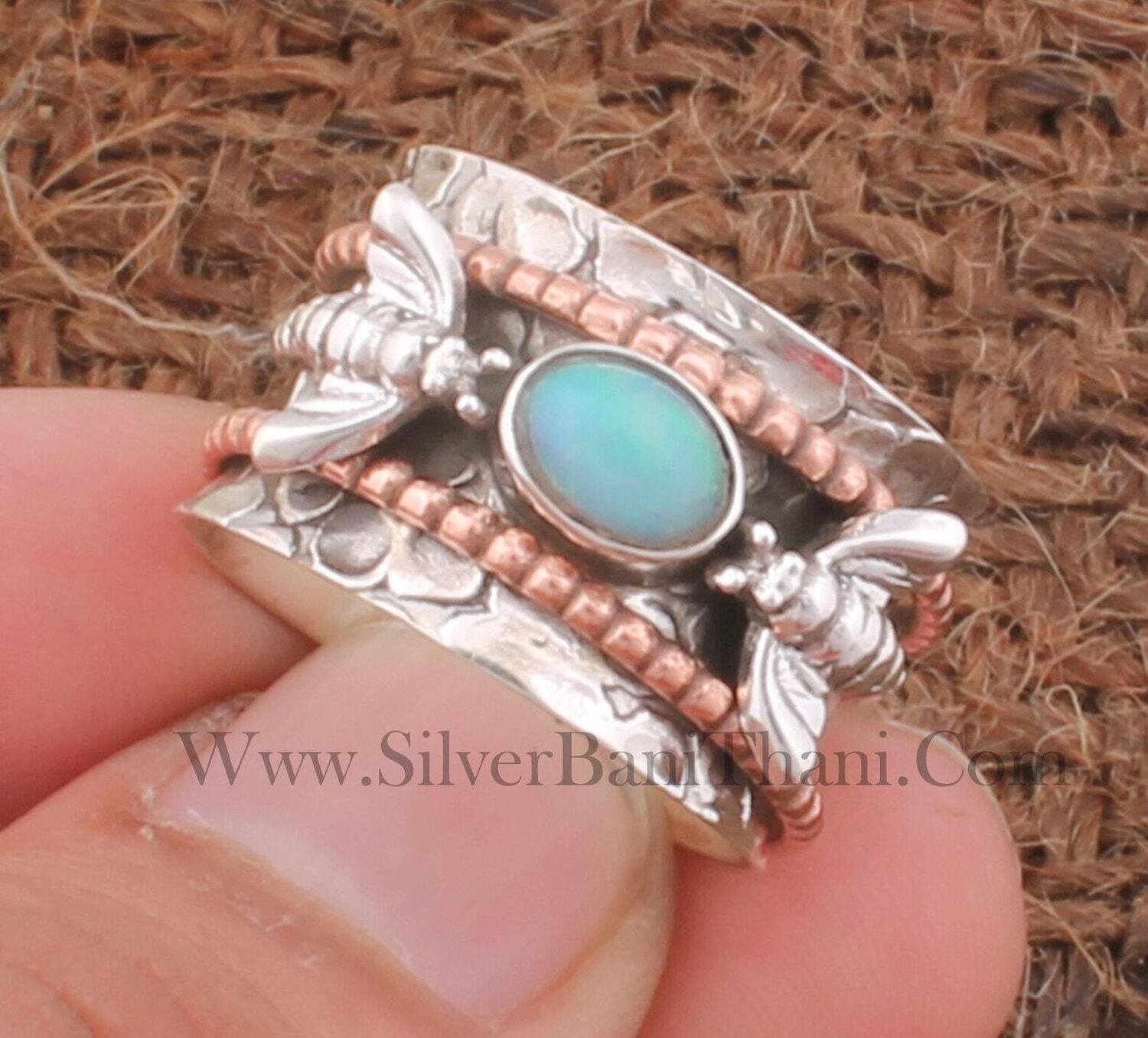 Ethiopian Opal Stone Silver Spin Ring | 925 Sterling Silver Two Tone Spinner Ring | Designer Hand Carved Two Honey Bee Silver Ring