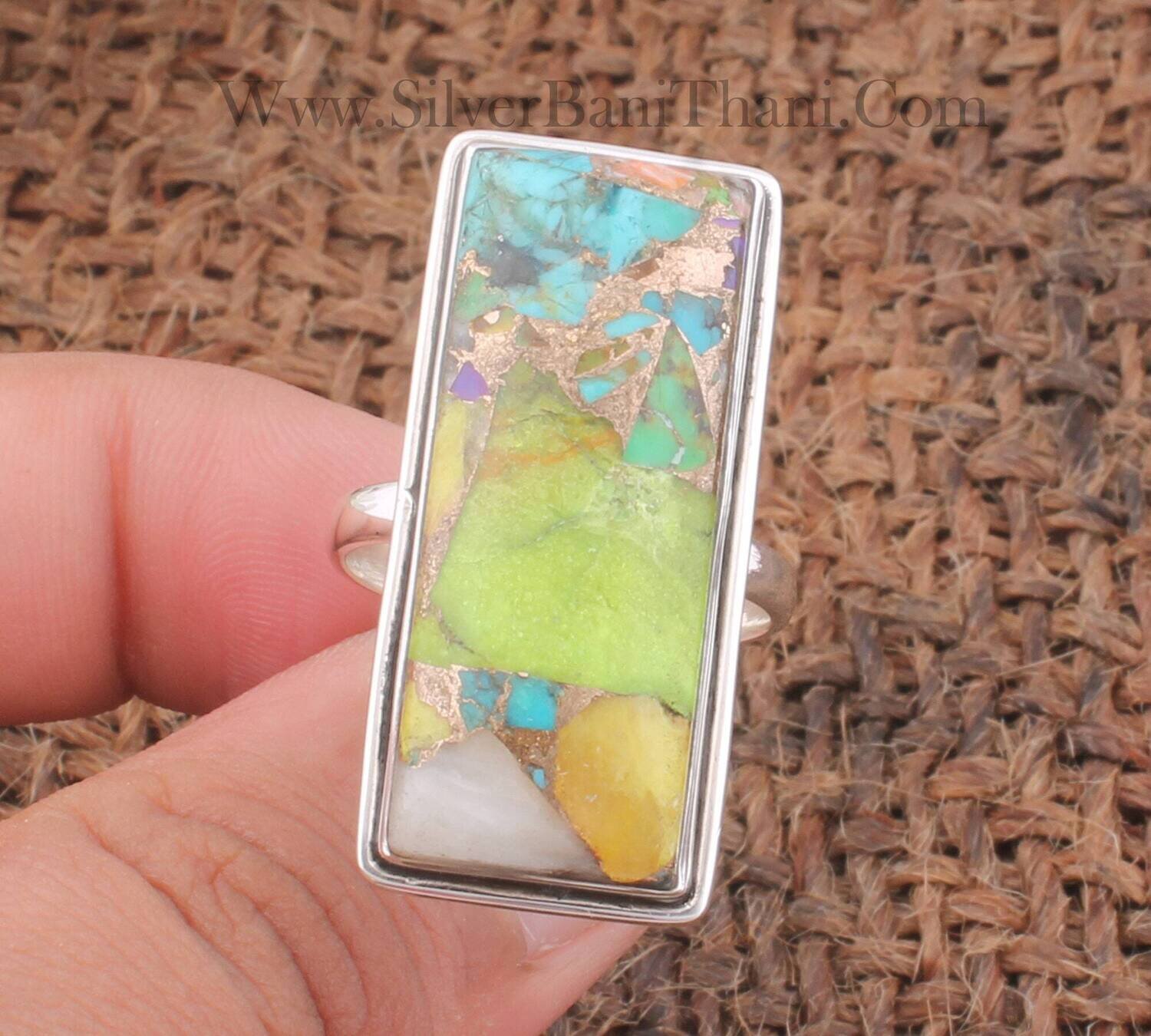 Mix Copper Turquoise Rectangle Gemstone Silver Ring | 925 Sterling Solid Silver Stone Ring | Handmade Bridal Wedding Jewelry For Women Gift