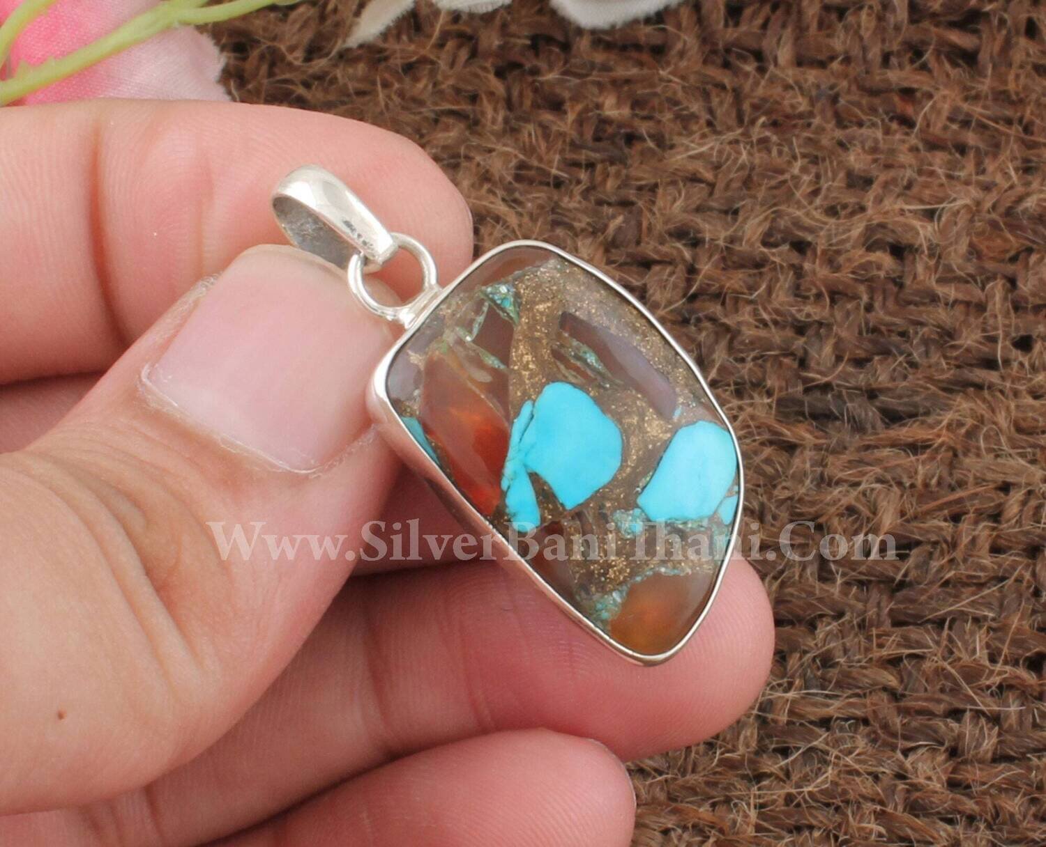 Composite Turquoise Gemstone Silver Necklace Pendant | 925 Sterling Silver Fancy Shape Gemstone Pendant |Handmade Jewelry Boho Jewelry Gift