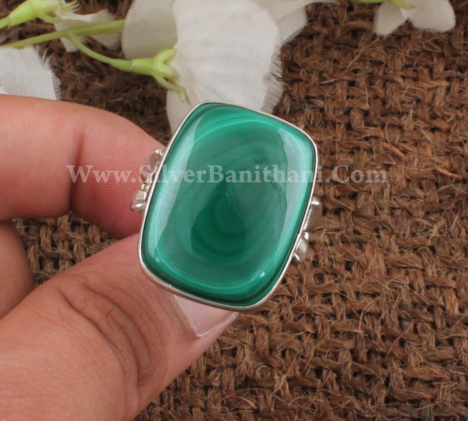Cushion Malachite Gemstone Silver Ring | 925 Sterling Solid Silver Cushion Ring | Handmade Designer Jewelry | Anniversary Gift For Her