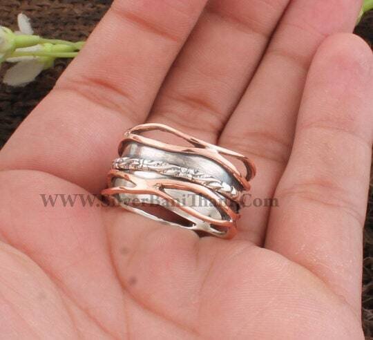 925 Sterling Silver & Brass Carved Spinner Ring | Designer Handmade Antiqued Silver Meditation Ring | Women Wedding Jewelry | Gift For Her