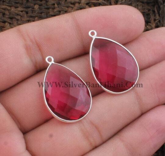 Faceted Rubellite Quartz Silver Earrings Pendant | 925 Sterling Silver Connector | Bezel Set Pear Shape Gemstone Pendant | DIY Jewelry Making
