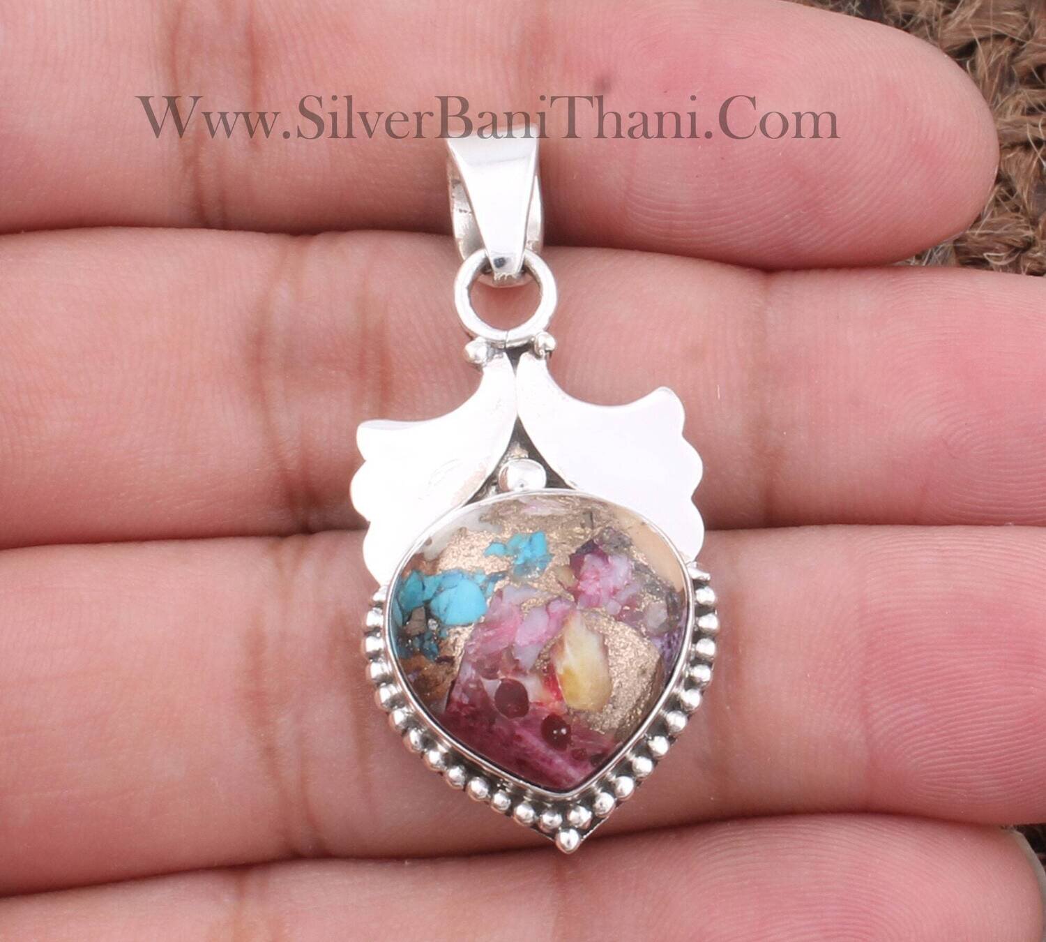 Turquoise Mix Spiny Copper Stone Solid 925 Sterling Silver Necklace Pendant For Women | Handmade Silver Heart Pendant Gifts For Her Birthday