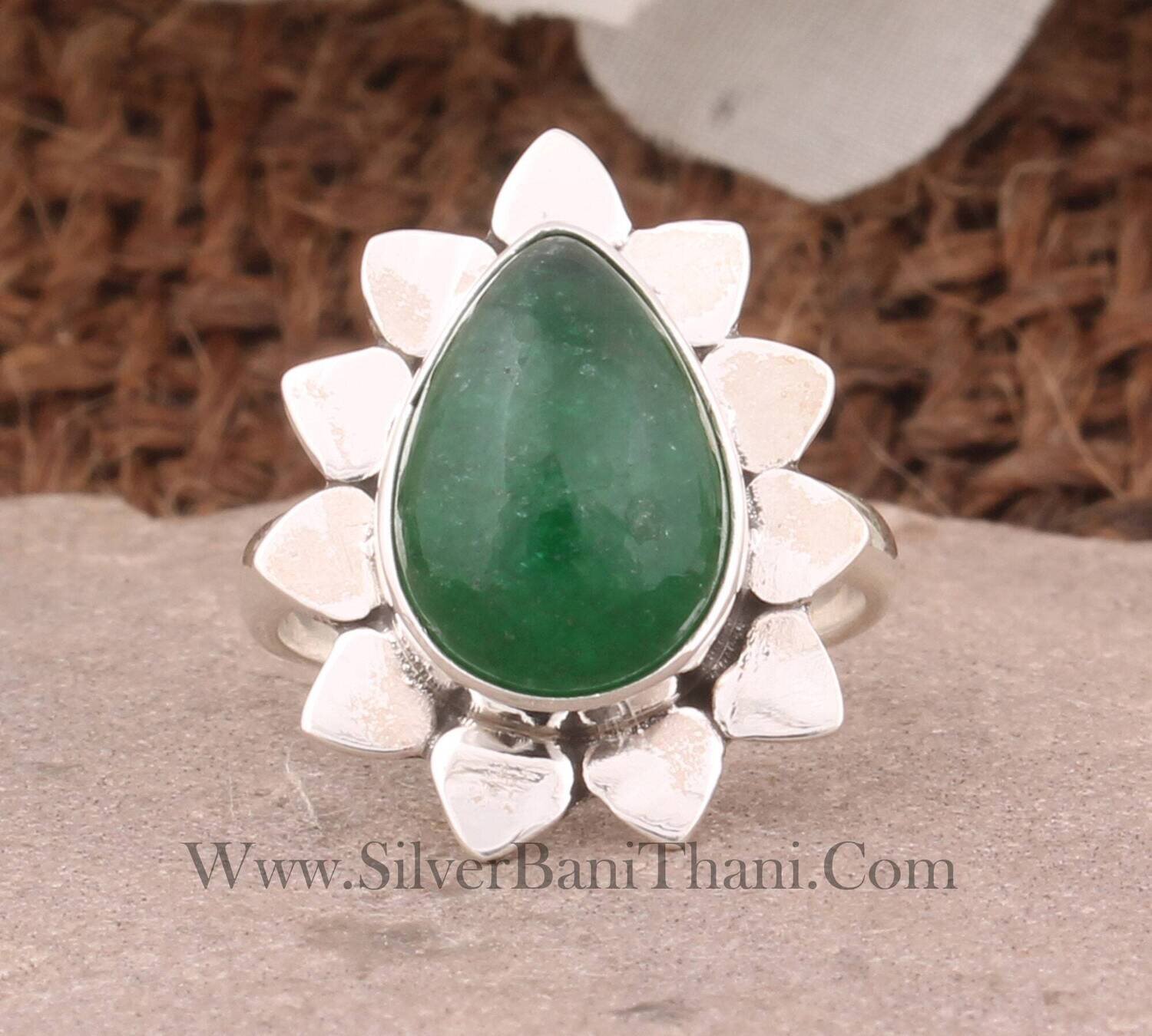 Green Jade Flower Silver Ring | 925 Sterling Solid Boho  Silver Ring | Handmade Jewelry | Leaves Silver Ring March Birthstone Ring For Gift