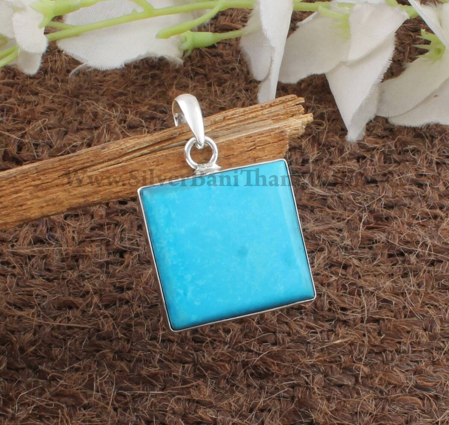 Turquoise Square Shape Gemstone Silver Pendant | 925 Sterling Silver Pendant | Designer Handmade Pendant | Boho Wedding Jewelry | Girl Idea