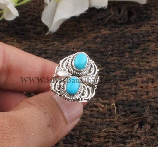 Two Stone Turquoise Ring-Oval blue Cabochon Ring-Antique Silver Ring-Designer Ring-925 Sterling Silver Ring-Wedding-Spiritual-Christmas Gift