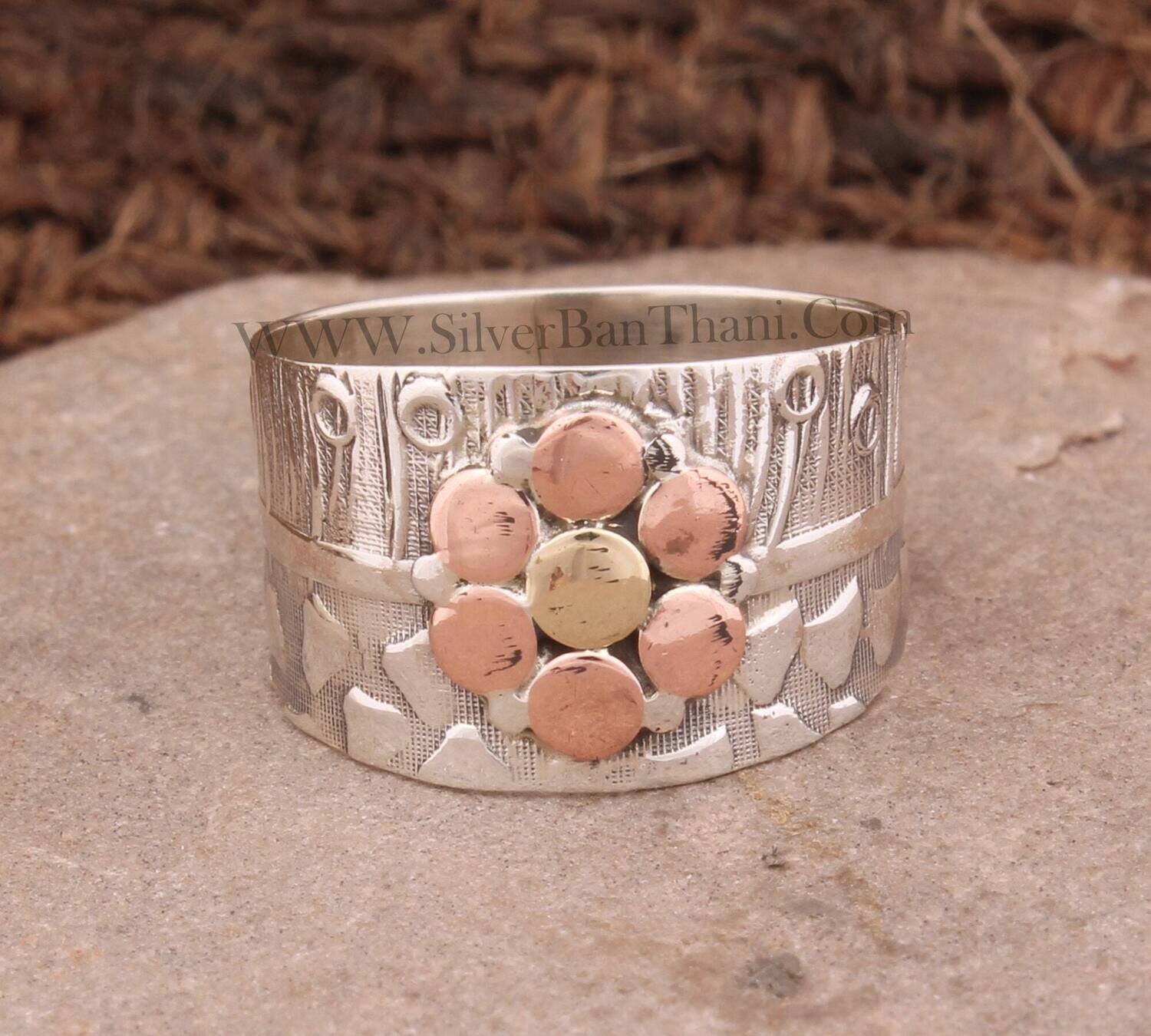 Three Tone Floral Silver Band Ring | Solid 925 Sterling Silver &amp; Brass Band Ring | Designer Engraved Wedding Jewelry | Silver Ring For Women