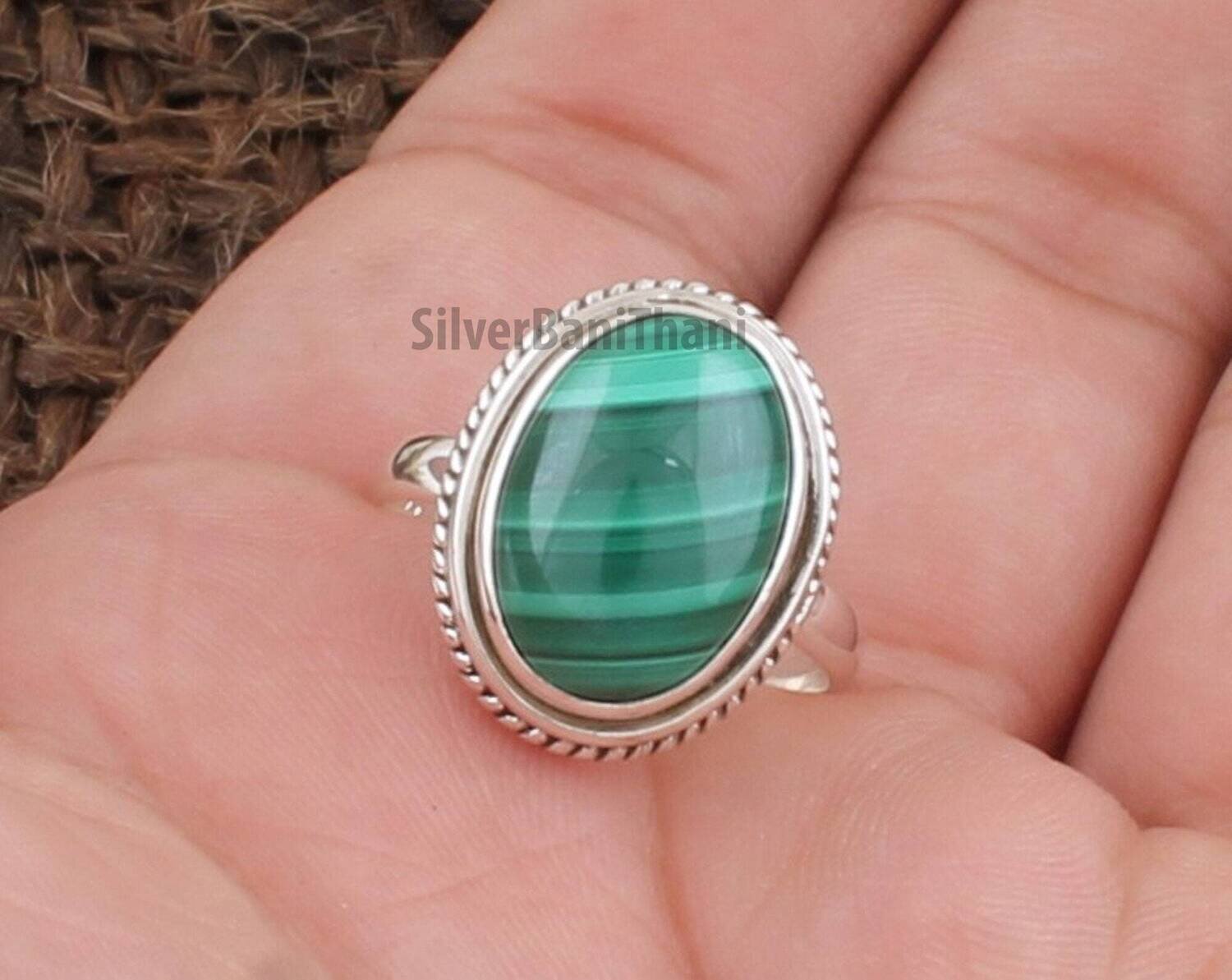 Malachite Oval Shape Gemstone Silver Ring | 925 Sterling Solid Boho Carved Silver Oval Ring | Handmade Jewelry | Valentine's Day Ring Gift