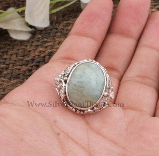 Amazing Amazonite Gemstone Ring-Solid Silver Ring-Semi Precious Oval Cabochon Ring-Three Leaf Design Silver Ring-Lovely Gemstone Jewelry2022