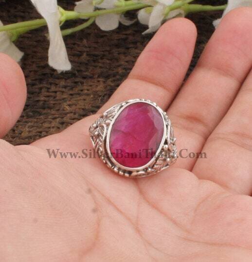 Amazing Glass Filled Ruby Gemstone Ring - Three Leaf Design Silver Ring - Oval Cut Stone Ring - Gemstone Jewelry - Gemstone Ring - Christmas