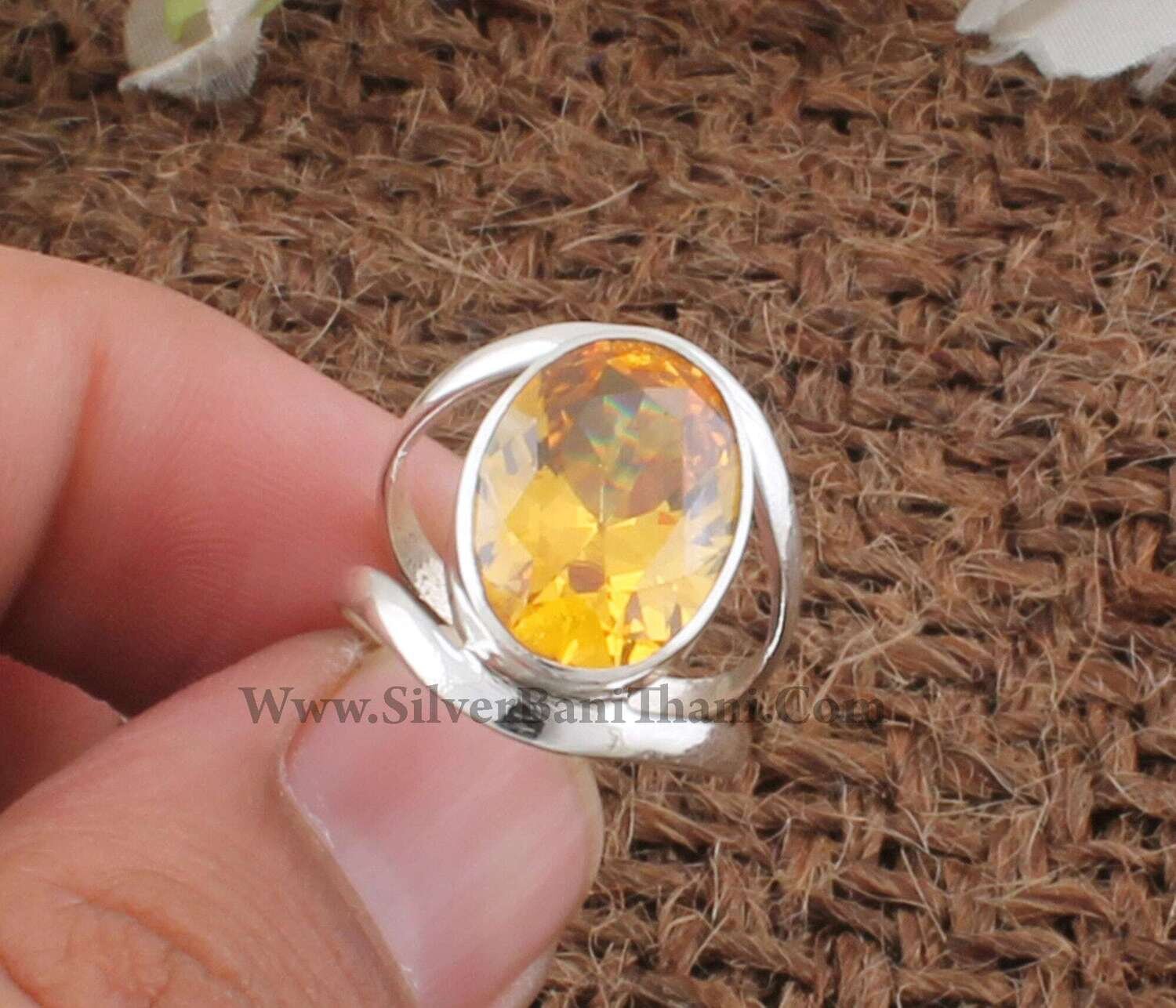 Double Band Solid 925 Sterling Silver Yellow Cubic Zircon Oval Gemstone Ring | Handmade Citrine Zircon Ring For Wedding Jewelry Gift For Her