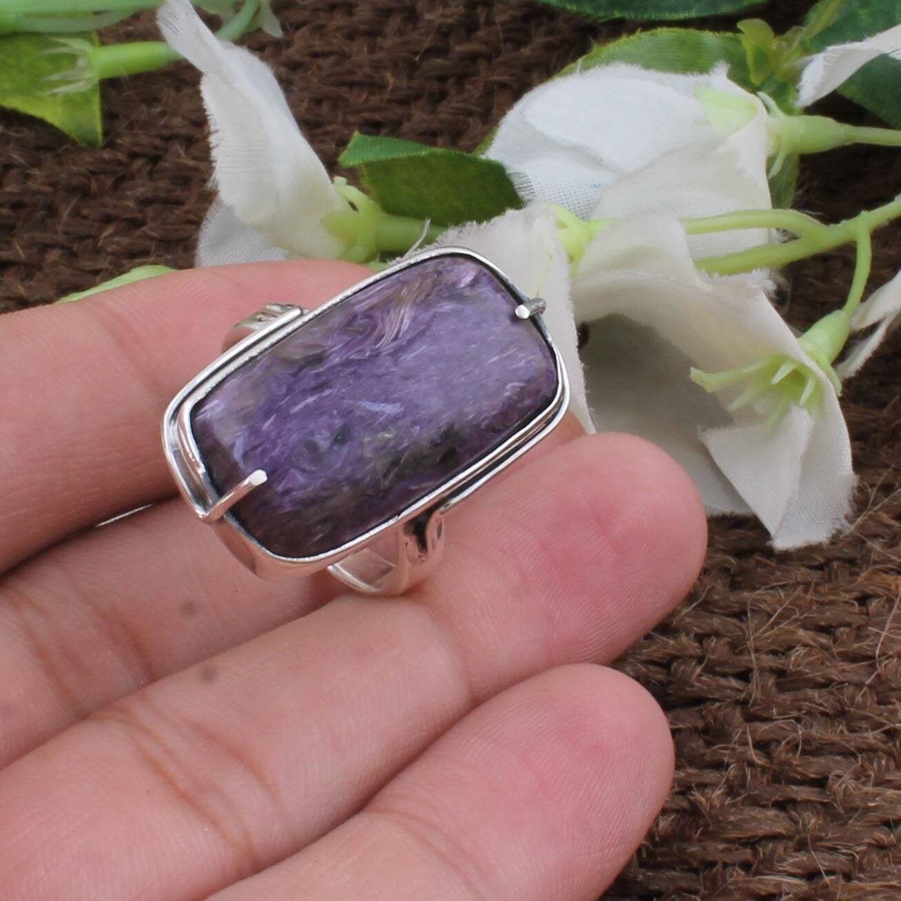 Amazing Charoite Gemstone Silver Ring* 925 Sterling Silver Ring* Boho Ring* Baguette Stone Cabochon Silver Ring* Handmade Ring* Gift For Sis