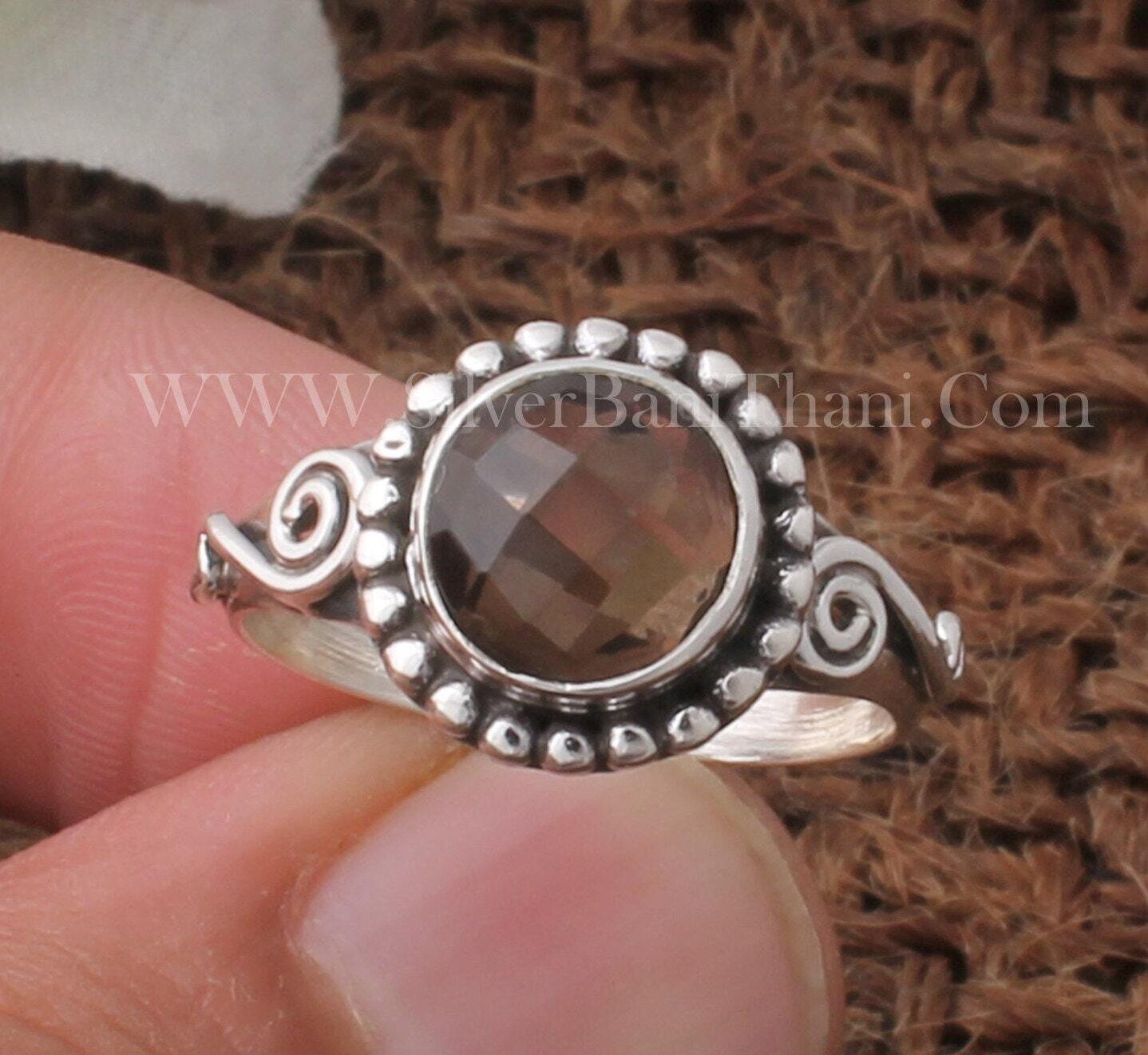 Spiral Design  Smoky Quartz Round Shape Gemstone Ring | 925 Sterling Silver Stone Ring | Designer Handmade Wedding Jewelry Women Gift