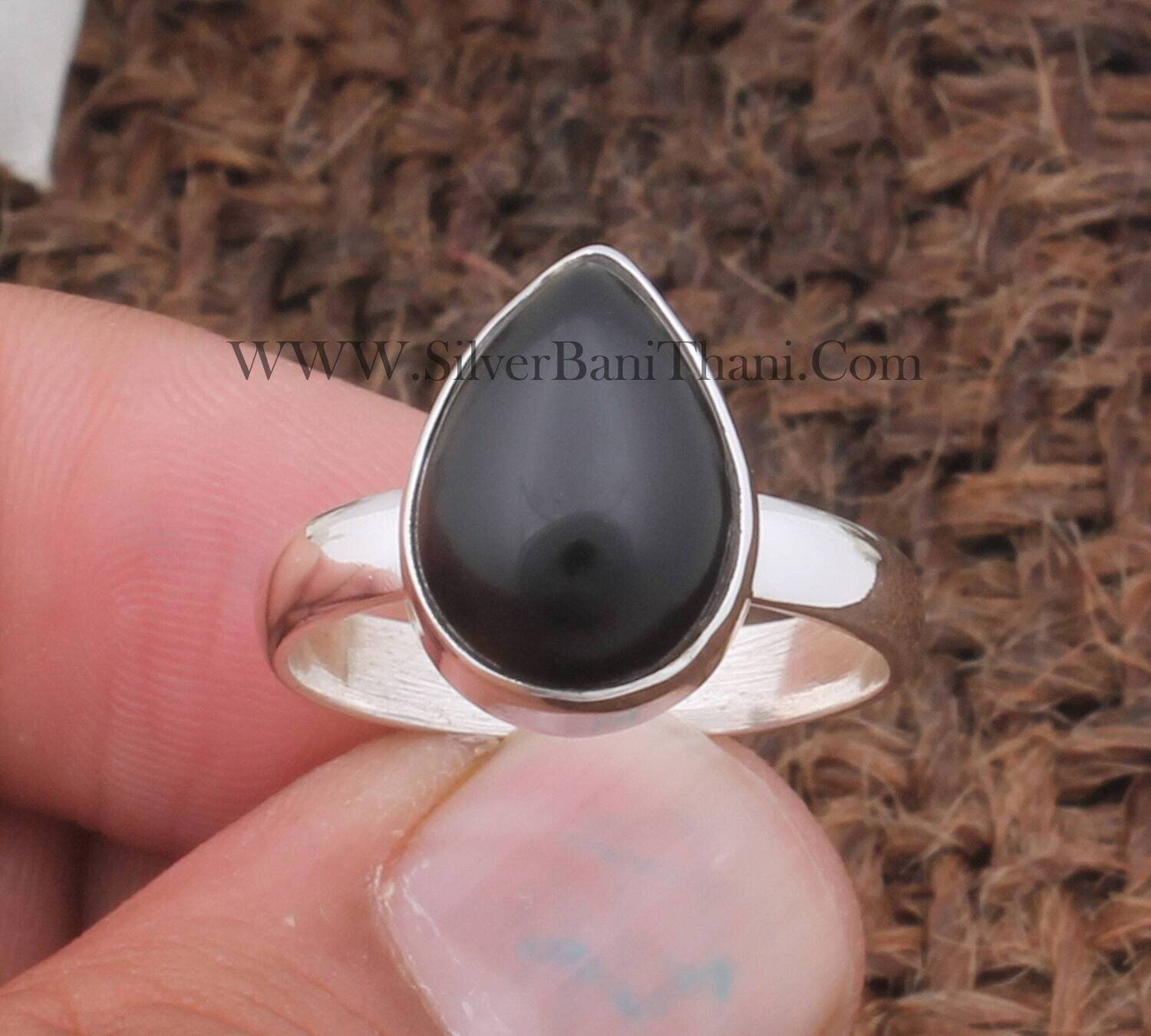 Black Onyx Silver Ring 925 Sterling Solid Silver Ring Smooth Pear Shape Gemstone Ring Everyday Jewelry Gift For Women December Birthstone