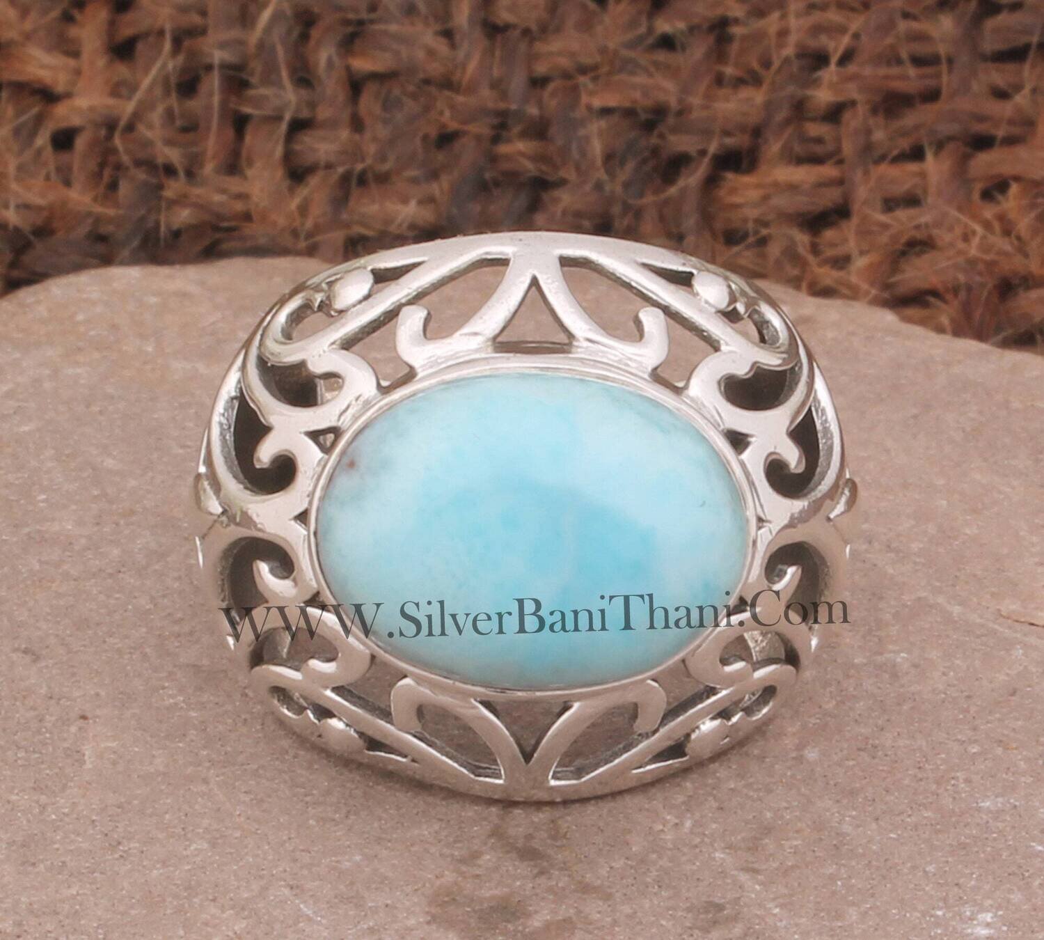 Larimar Stone Ring 925 Sterling Silver Ring For Women Bohemian Jewelry Boho, Simple Ring with Stone Blue Gemstone Birthday Jewelry For Women