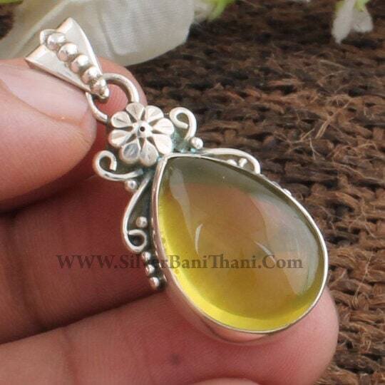 Lemon Quartz Gemstone Silver Pendant | 925 Sterling Silver Pear Stone Necklace Pendant | Flower Design Handmade Pendant | Women Jewelry Gift