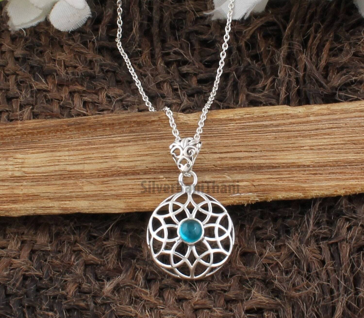 Silver Round Filigree Blue Topaz Pendant Necklace | Handmade 925 Sterling Silver Gemstone Pendant Necklace | Valentine's Day Gift Jewelry