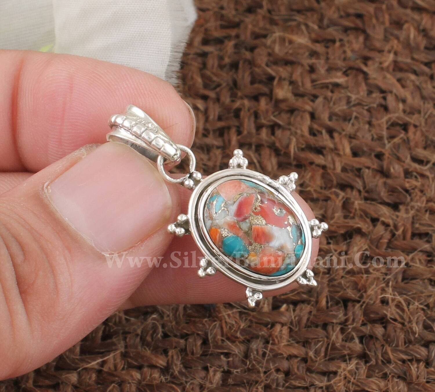 Dotted Design Oyster Copper Turquoise Gemstone Silver Pendant | 925 Sterling Silver Oval Stone Pendant | Handmade Wedding Jewelry Women Gift