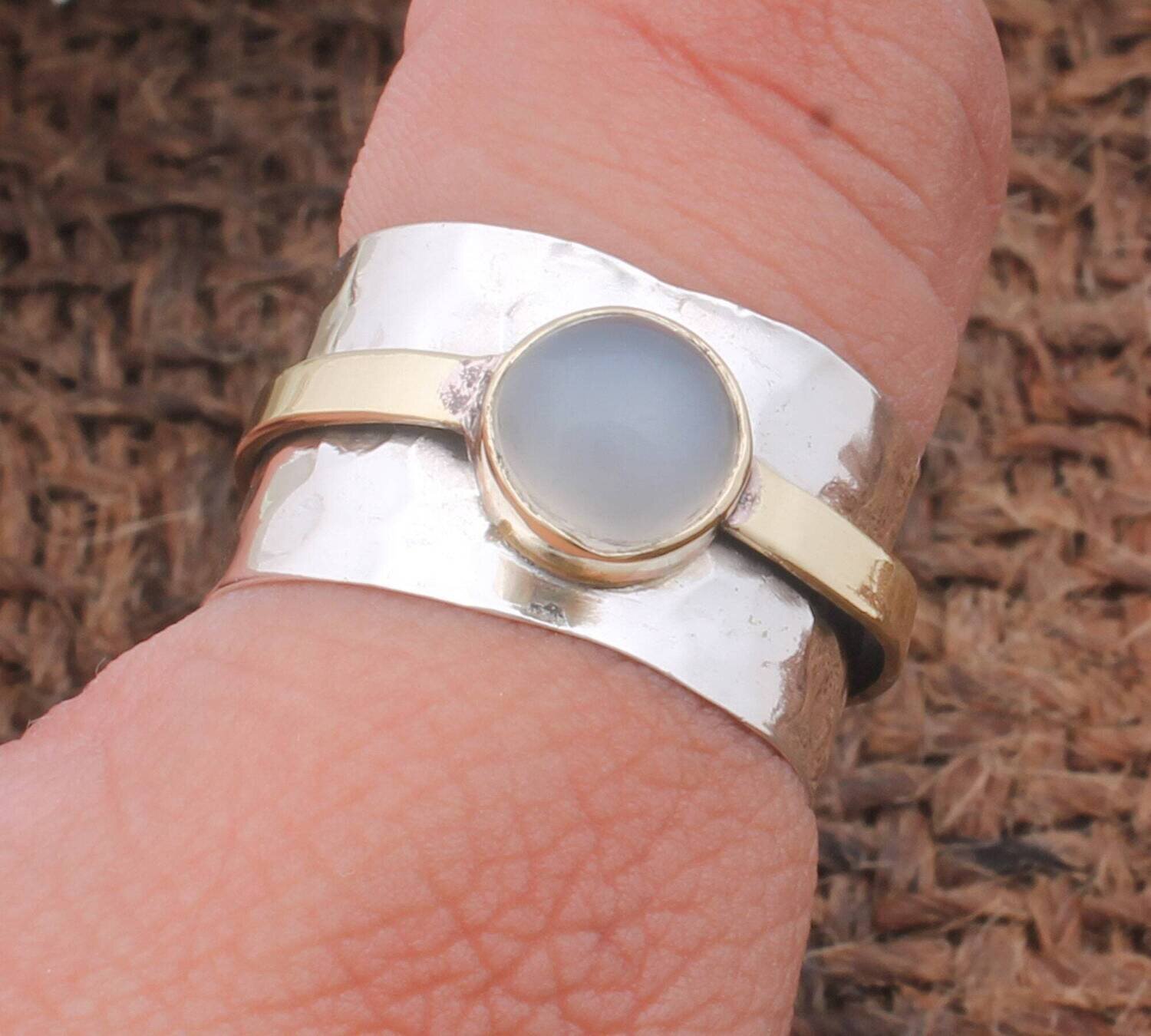 White Moonstone Wide Hammered Band Solid 925 Sterling Silver Band Ring For Women Handmade Anxiety Fidget Boho Worry Rings For Birthday Gift