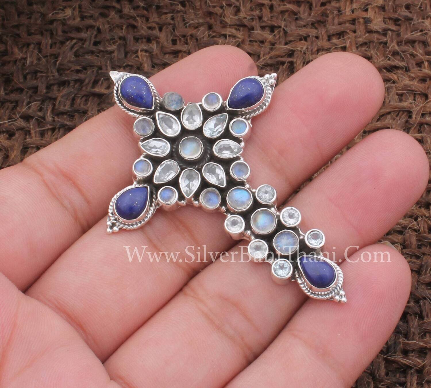 Multi Gemstone Silver Necklace Pendant 925 Sterling Silver Gemstones Pendant Cross Pendant Handmade Silver Flower Jewelry For Women Gifts