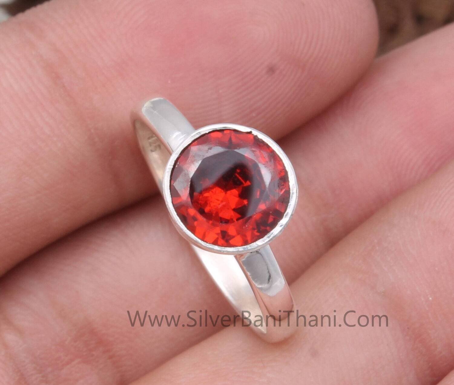 Red Garnet Solid 925 Sterling Silver Ring For Women | Handmade Round Cut Solid Silver Band Ring For Wedding Anniversary Gifts Idea