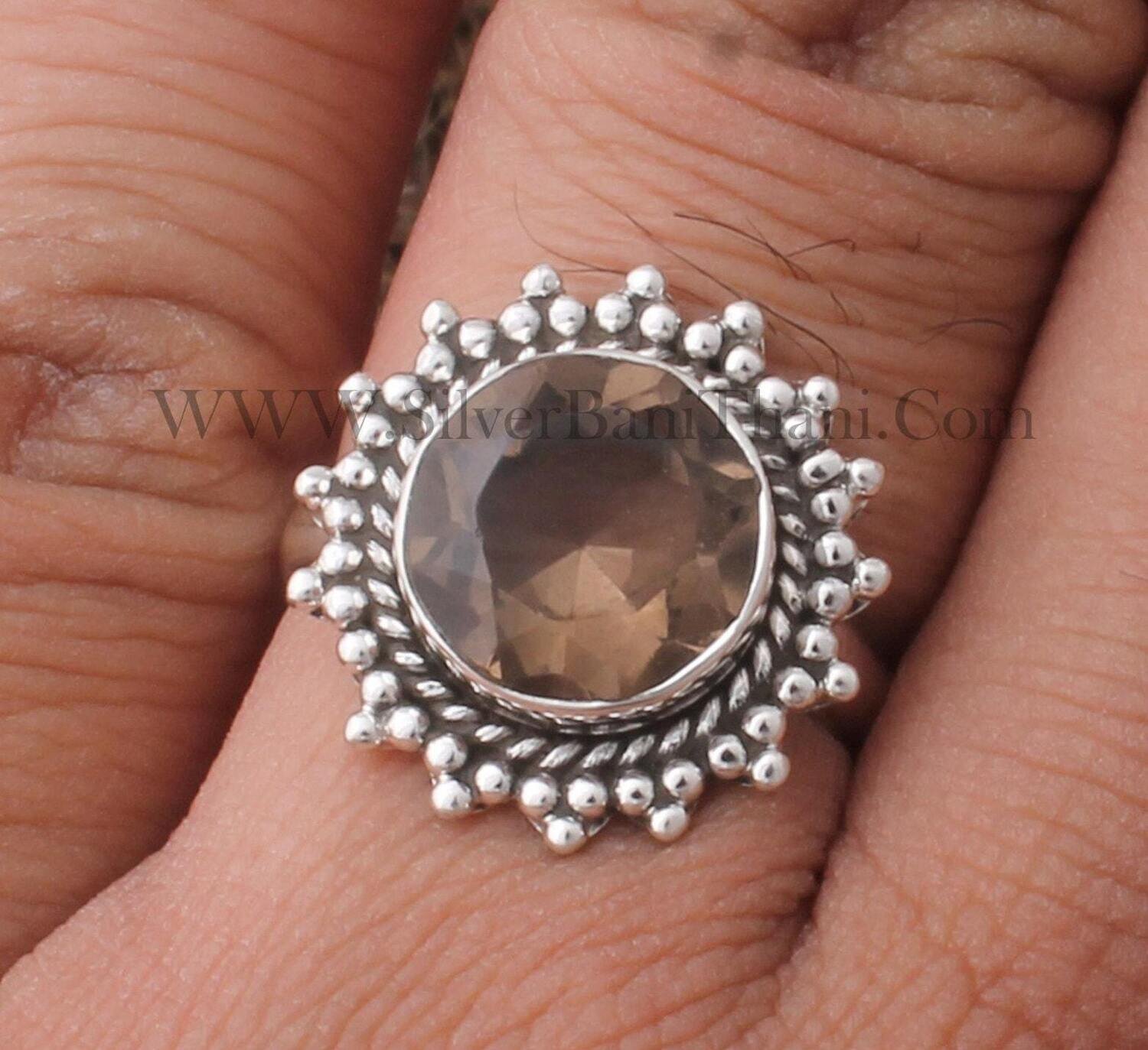 Smoky Quartz Round Shape Gemstone Ring | 925 Sterling Silver Faceted Cut Stone Ring | Designer Handmade Wedding Jewelry | Women Gift