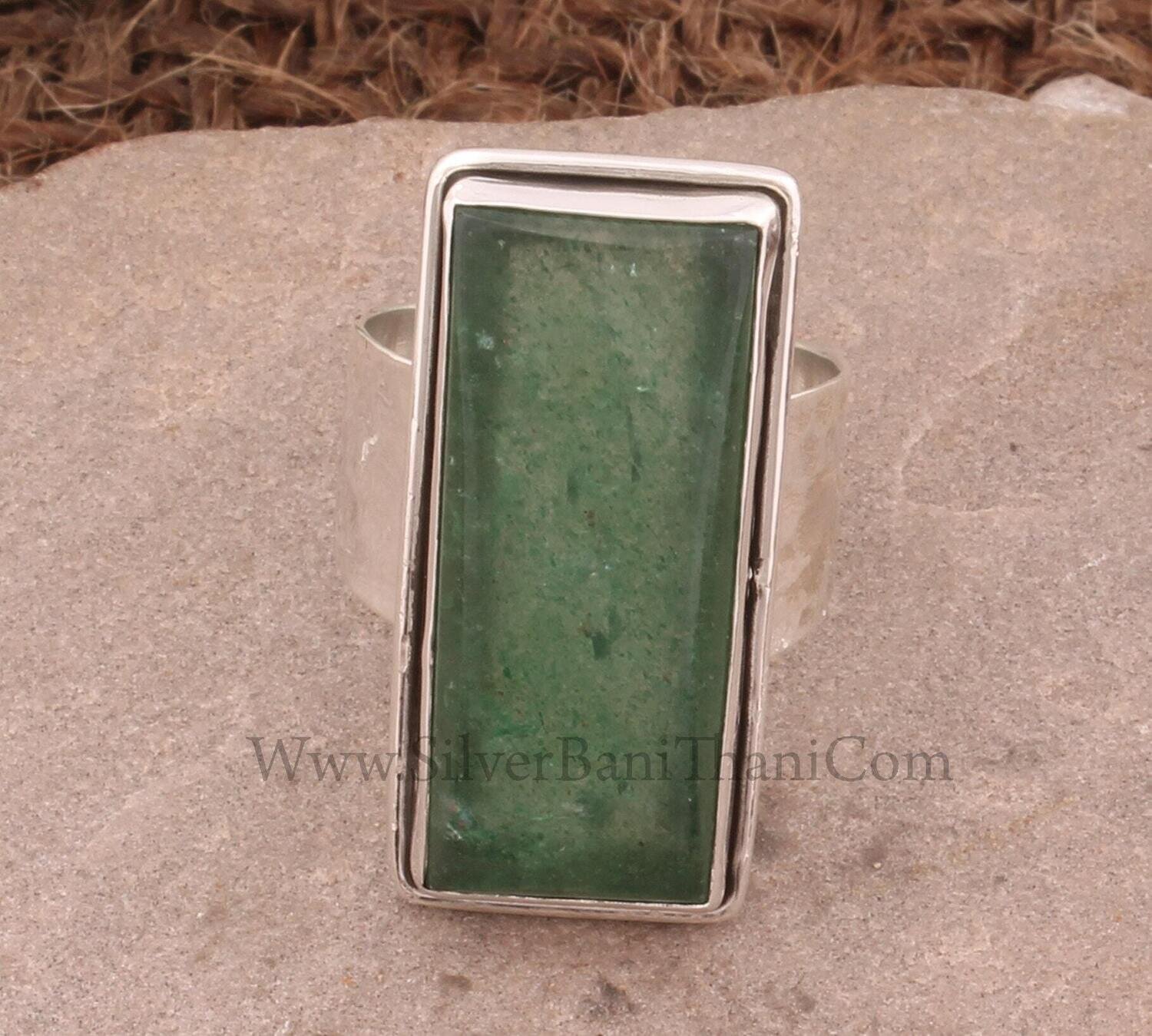 Green Cherry Quartz Bar Gemstone Silver Ring 925 Sterling Silver Ring Hammered Band Ring Stone Ring Silver Band Ring Birthday Jewelry Gift