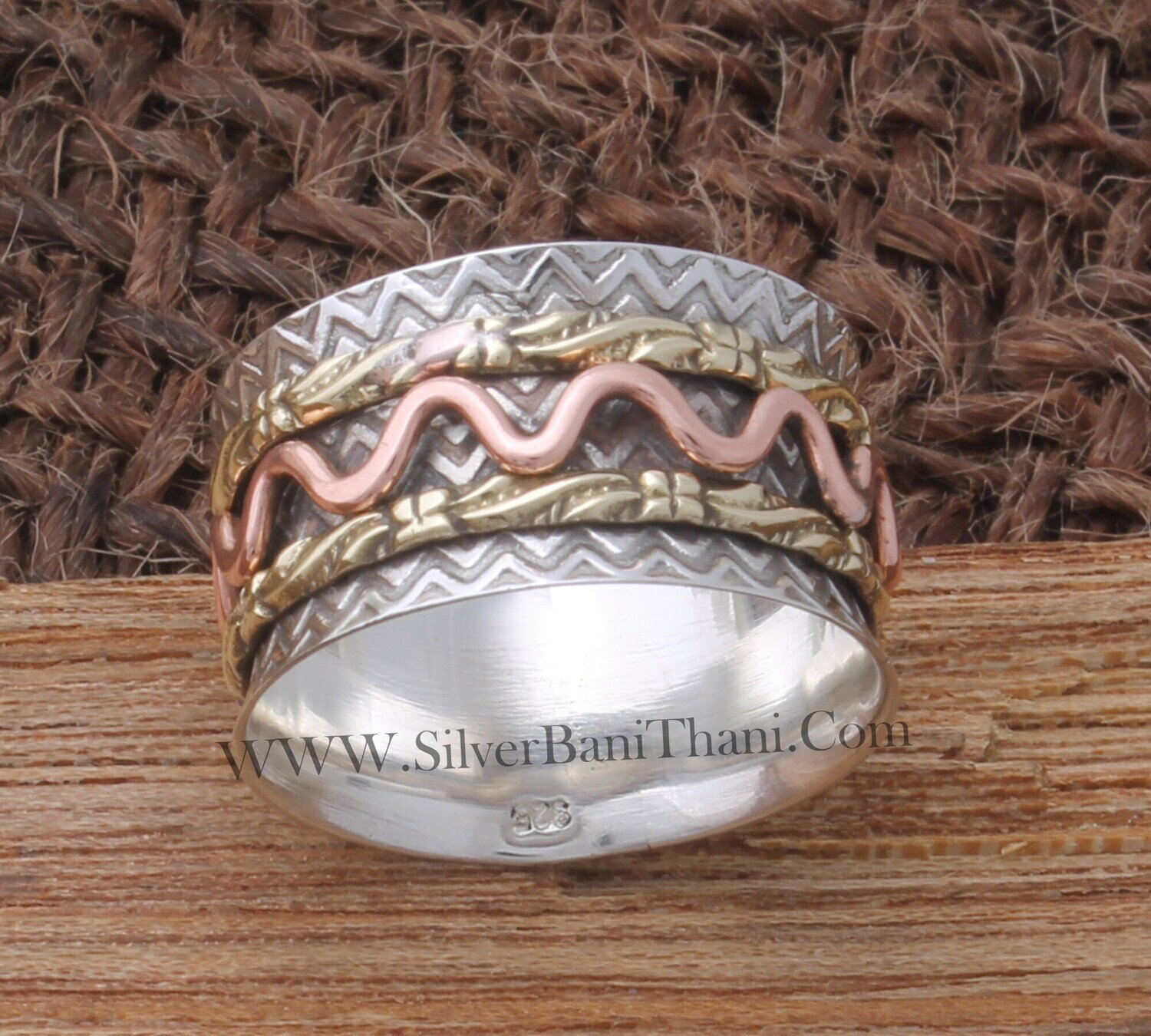 Zig-Zag Solid 925 Sterling Silver Designer Carved Leaves Band Spinner Ring For Women Handmade Boho Worry Ring Three Tone Fidget Anxiety Ring