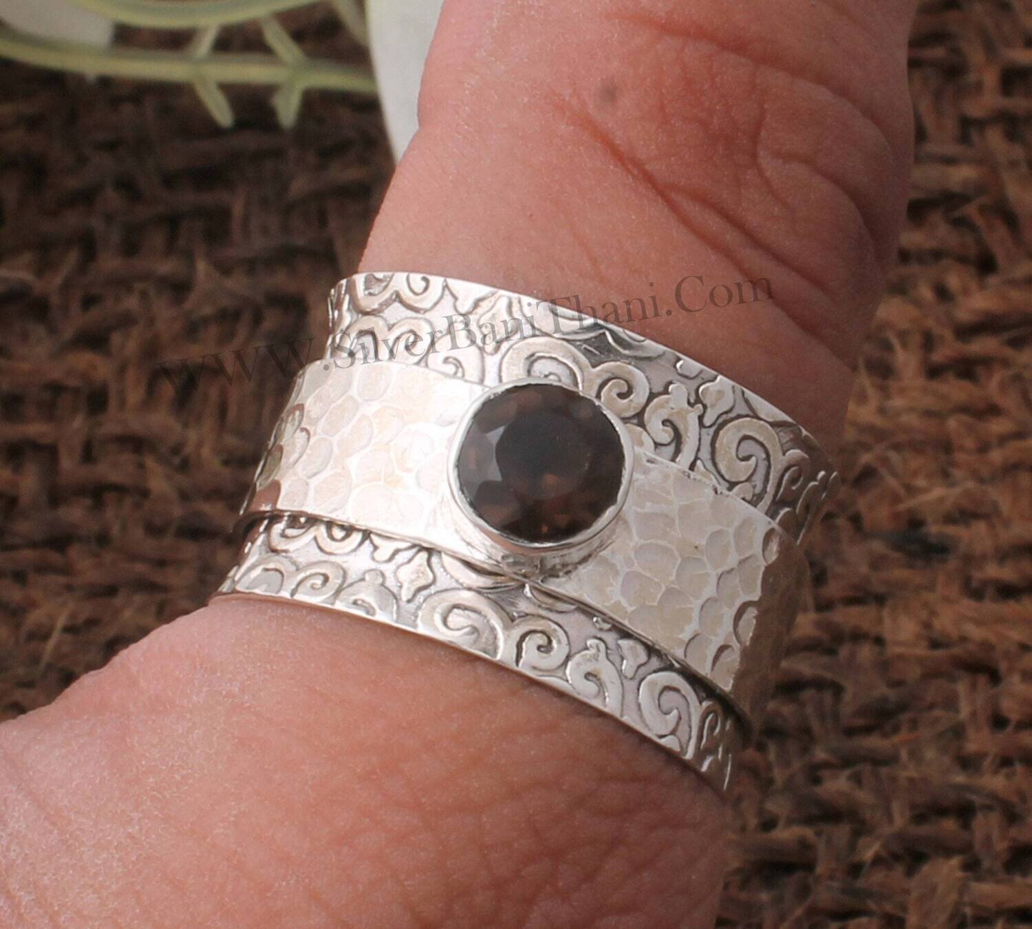 Designer Hammered Spinner Ring For Women |  Smoky Quartz Solid 925 Sterling Silver Handmade Fidget Anxiety Rings For Anniversary Gift
