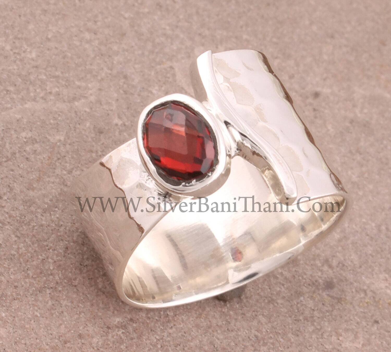 Red Garnet Ring | 925 Sterling silver Red Garnet Ring | Red Garnet Band Ring | Handmade Silver Ring | Wide Band Hammered Ring Gifts