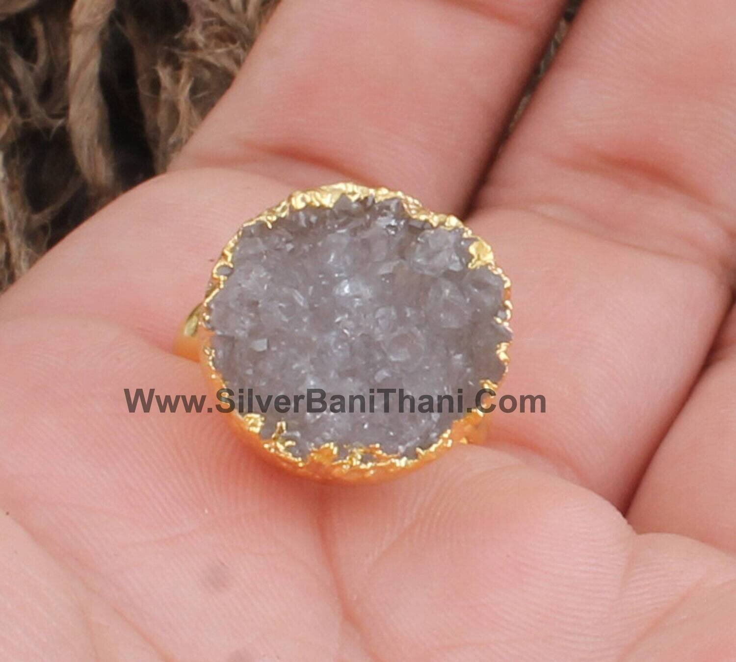 Sparkly Gray Druzy Ring | Electroplated Brass Adjustable Ring | Round Gemstone Ring | Handmade Druzy Ring | Present For Her | Gift For Women