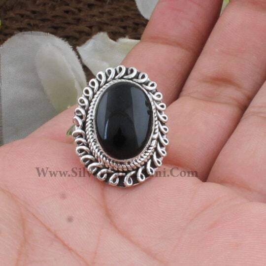 Onyx Ring-Solid Silver Ring 925 Sterling Silver Ring-Black Onyx Semi Precious Ring-Middle Finger Cabochon Stone Ring-Engagement Bride Ring