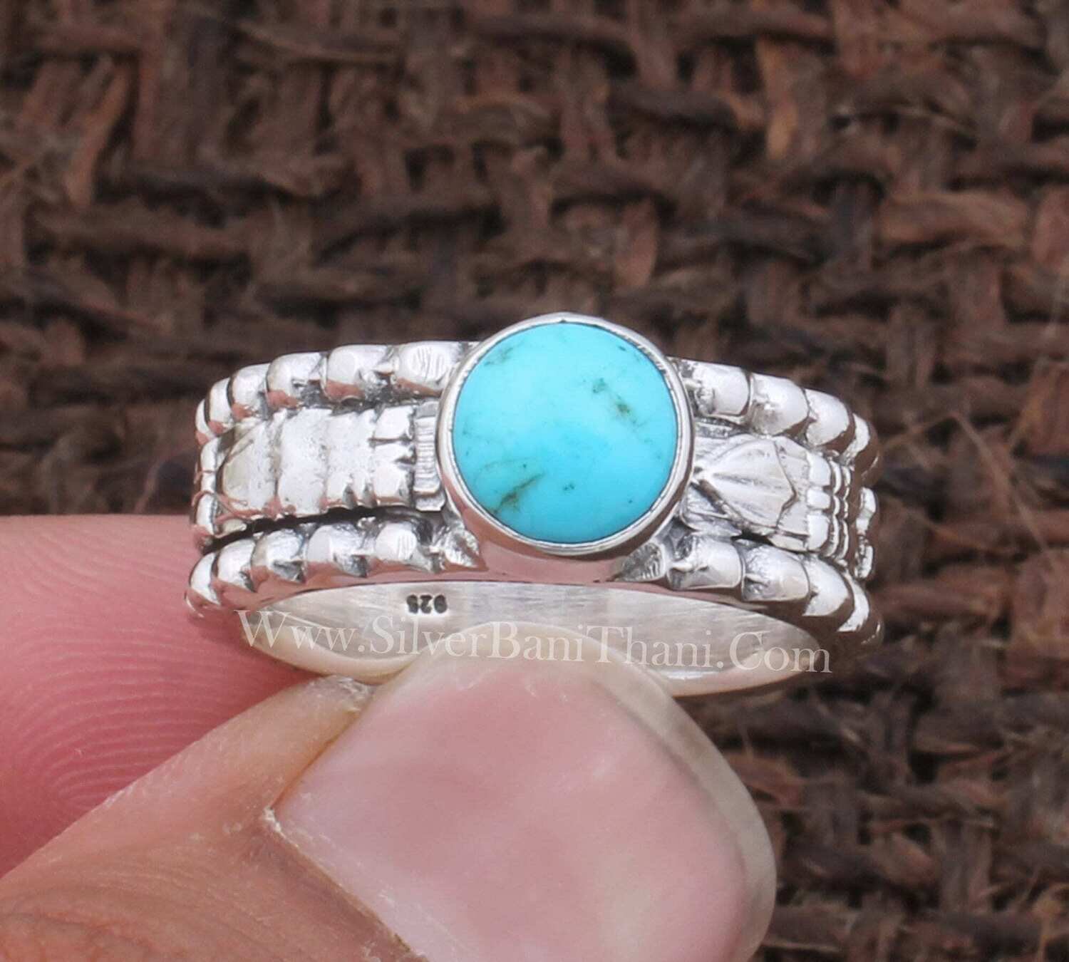 Turquoise Round Shape Gemstone Silver Ring 925 Sterling Solid Brutalist Silver Ring Wide Silver Band Ring Oxidized Silver Bands Ring Gift