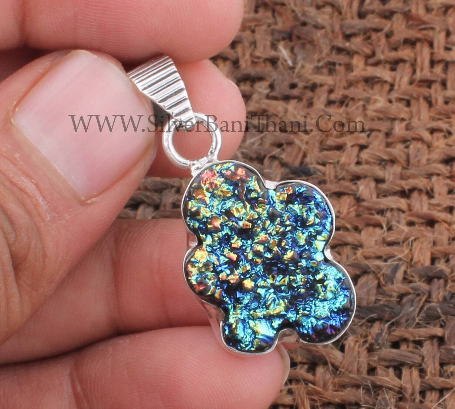 Fancy Shape Mix Druzy Gemstone Pendant | Solid 925 Sterling Silver Pendant Necklace | Handmade Silver Jewelry Gift For Wedding Anniversary