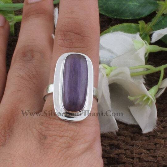 Charoite Gemstone Silver Ring, Baguette Stone Ring, Purple Stone Cabochon Ring, Simple Ring, Anniversary Gift Item, 925 Sterling Silver Ring
