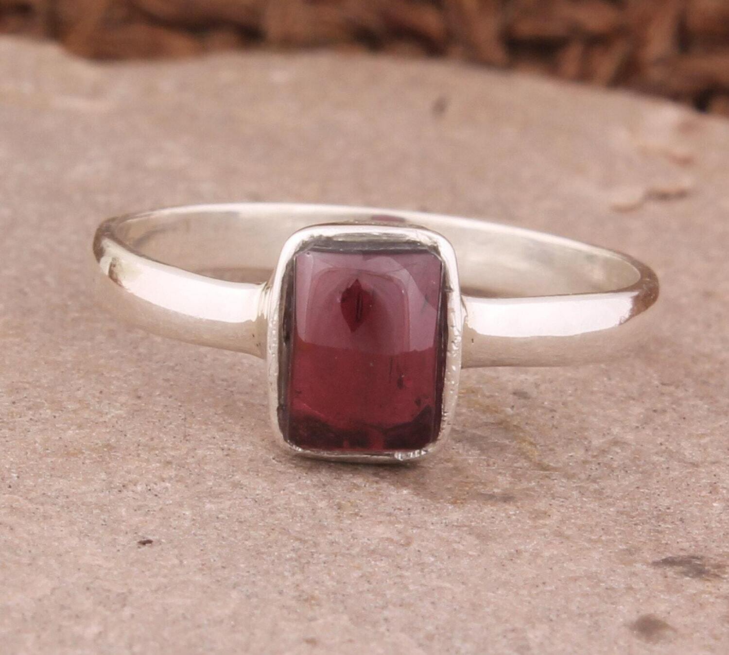 Red Garnet Silver Ring | 925 Sterling Solid Silver Ring | Rectangle Shape Gemstone Ring | Handmade Ring Everyday Jewelry For Gift