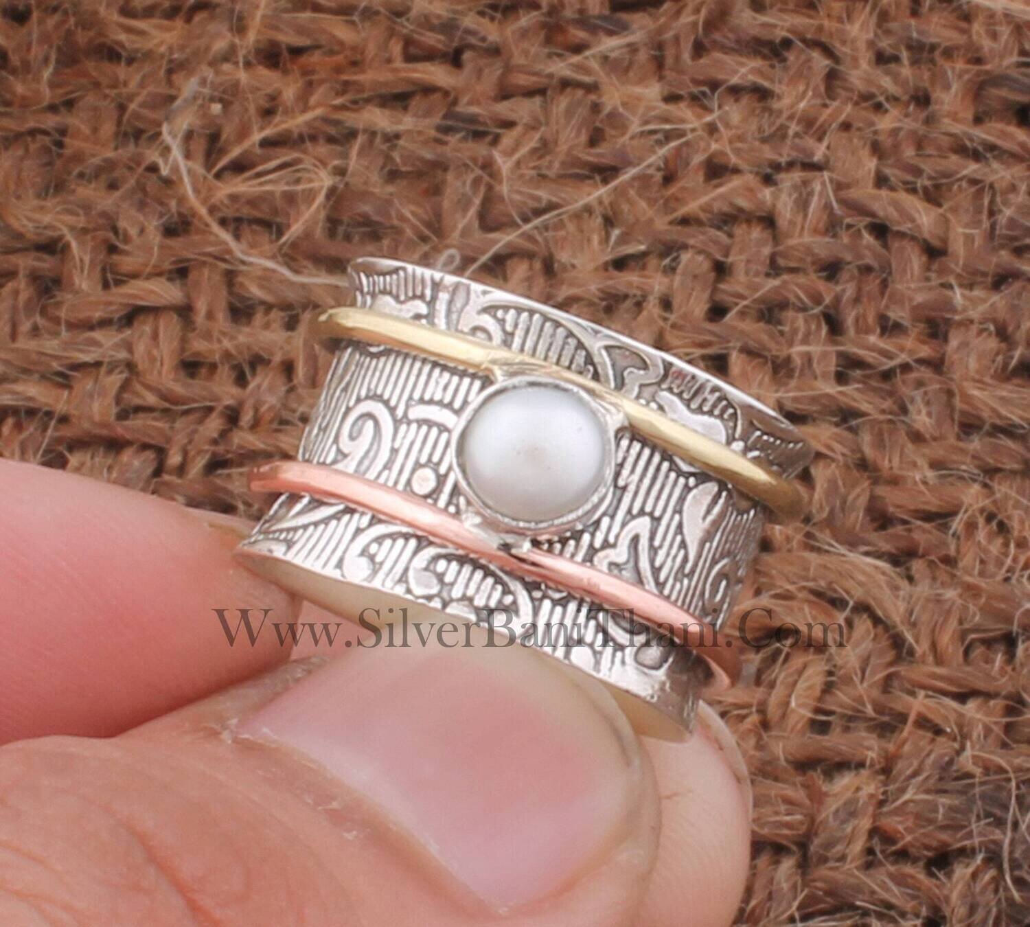 Amazing Three Tone Pearl Gemstone Silver Spinner Ring | 925 Sterling Silver Smooth Gemstone Ring | Designer Carved Leaves Silver Ring For women Gift