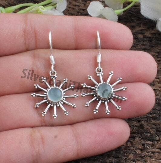 Aqua Calci Earring - Star Design Silver Earring - Green Oval Cabochon Earring - Beautiful Jewelry Gift Item For Her Mother's And Sister's
