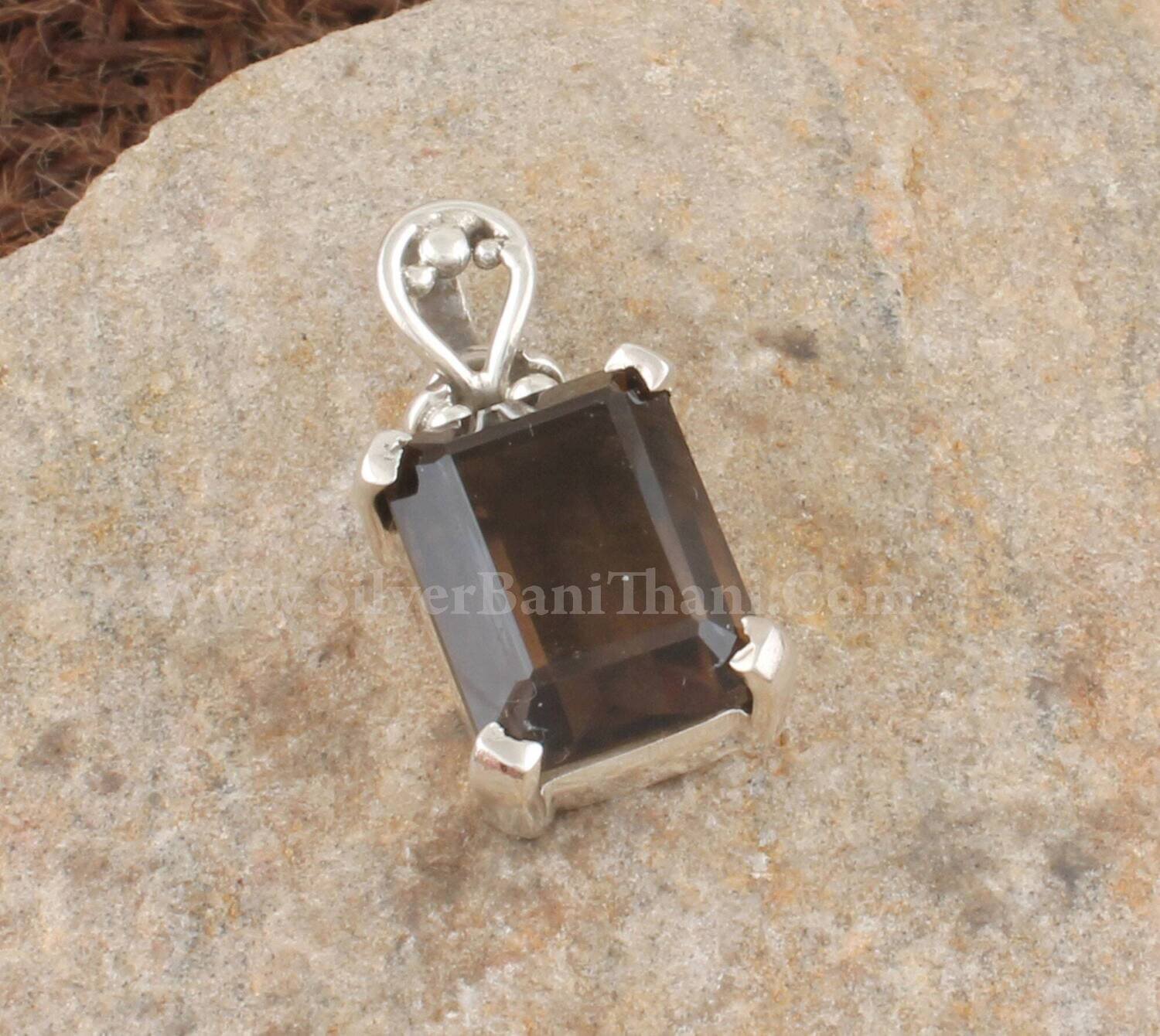 Smoky Quartz Prong Set Necklace Pendant | 925 Sterling Silver Emerald Cut Stone Pendant | Bridal Wedding Jewelry For Women Gift Idea