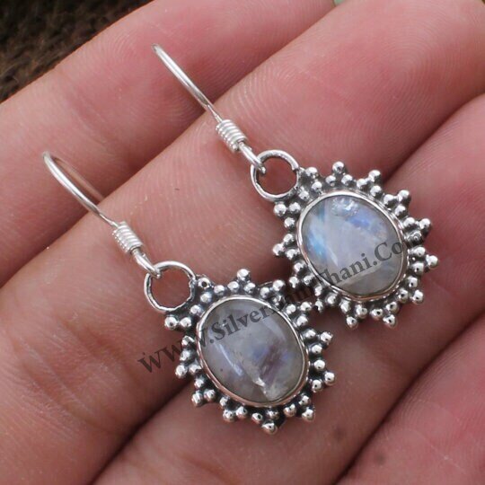 Solid Silver Earring- Rainbow Moonstone Earring- White Cabochon Fire Stone Earring Sterling Silver Earring- Rainbow Moonstone Semi Precious