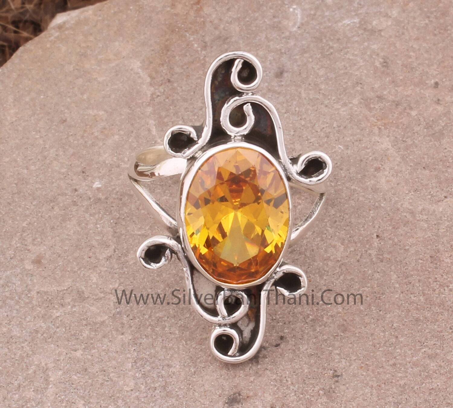 Yellow Cubic Zircon Gemstone Silver Ring | 925 Sterling Solid Silver Citrine Oval Shape Gemstone Ring | Designer Handmade Jewelry For Women